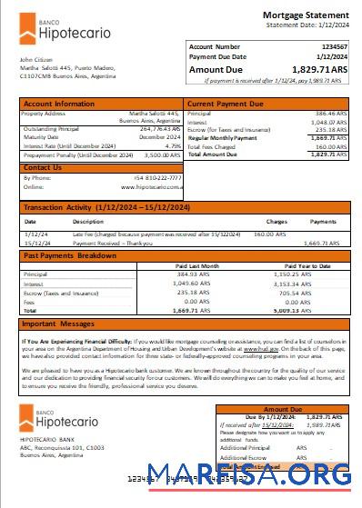Blank Argentina Banco Hipotecario bank mortgage statement scr sample